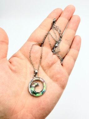 Abalone Shell Spiral Pendant Necklace – Silver Tone Iridescent Wave Design